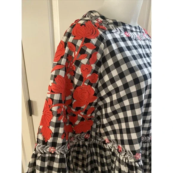 Anthropologie Pankaj Nidhi Gingham Swing Ruffle Embroidered Top Size XS Boho - Picture 4 of 14